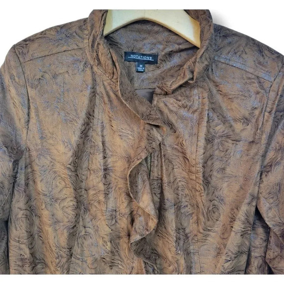 Notations Women's Brown Faux Suede roses Ruffle Front zip-up Jacket - medium - Picture 2 of 9